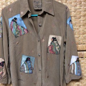 Crain Art-to-Wear Khaki 64% Tencel Ethnic Hand Painted  Button Down Shirt